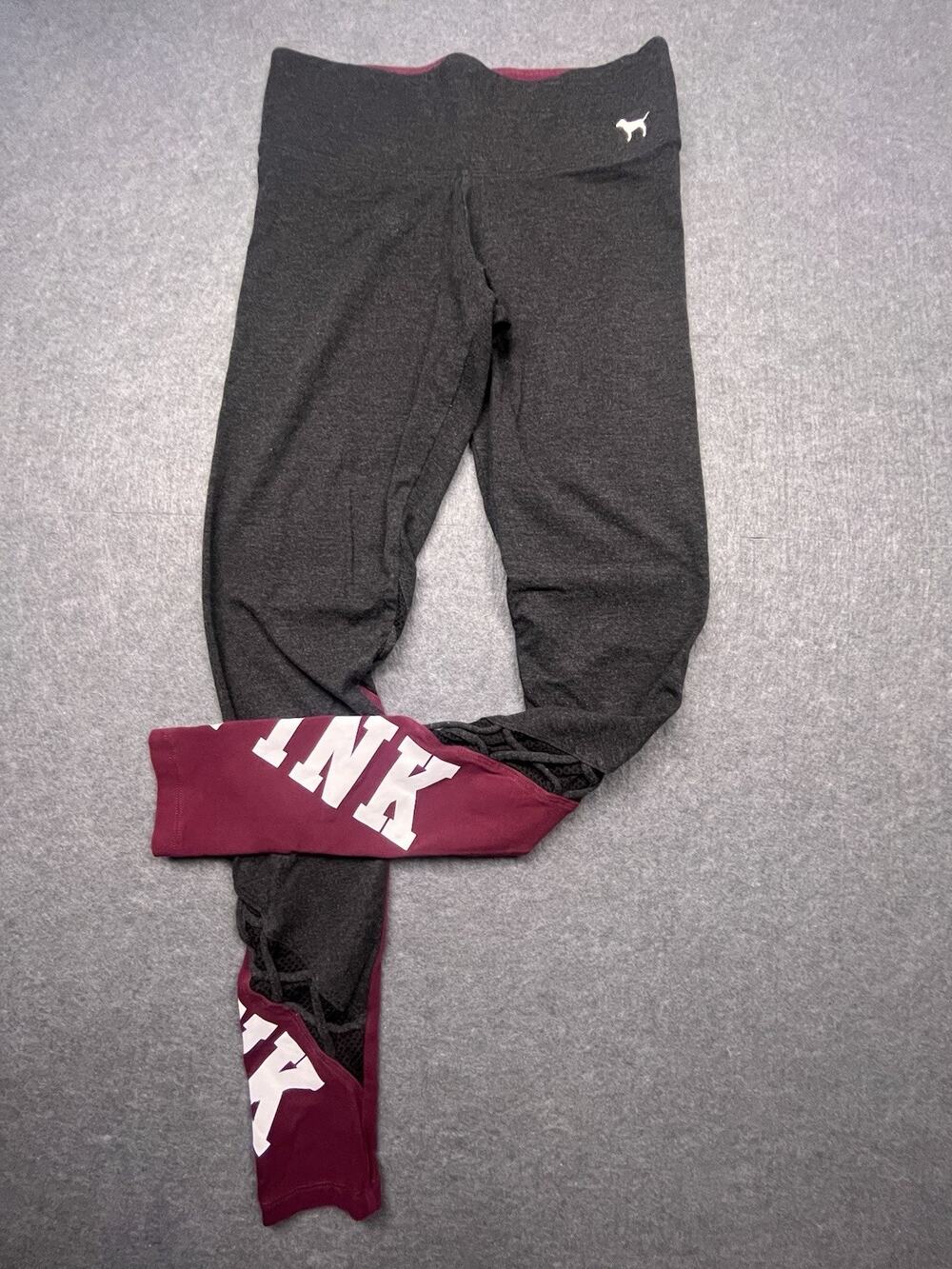 EXCELLENT PINK Victoria's Secret Yoga Leggings XS Lace Up Mesh Burgundy Gray